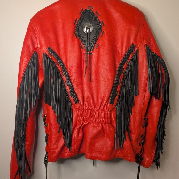 Motorcycle Leather Jacket Womens Fringe Red Unik International Moto XL VTG - Picture 8 of 8